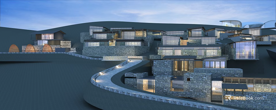 Modern Hillside Stone Buildings With Glass Windows And Winding Path Lighting 3d model 