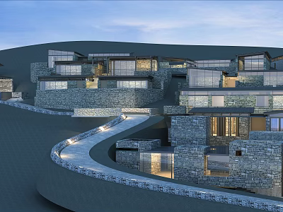 Modern Hillside Stone Buildings With Glass Windows And Winding Path Lighting 3d model