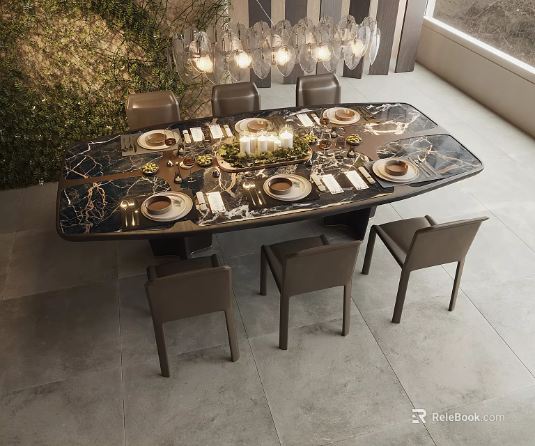 Elegant Modern Dining Table Set With Marble Top Chairs Tableware And Pendant Lights 3d model 