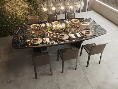 Elegant Modern Dining Table Set With Marble Top Chairs Tableware And Pendant Lights 3d model