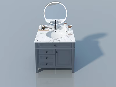 Bathroom Vanity With Hinged Door Marble Countertop And Round Mirror Drawers 3d model