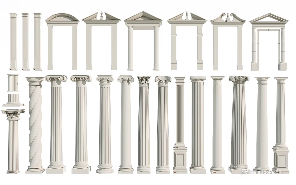 Various Architectural Columns with Classical and Modern Styles and Detailed Capitals and Shafts 3d model 