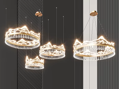 Modern Circular Chandeliers With Crystal Tassels And Golden Base In Interior Design 3d model