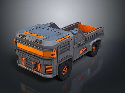 Futuristic Gray Armored Tank With Orange Accents Open Cargo Bed And Rugged Wheels Design 3d model