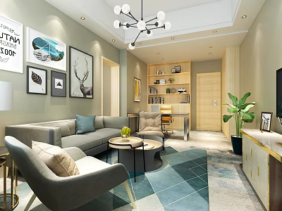 Hotel Guest Room Interior With Cozy Sofa Armchair Geometric Rug Modern Chandelier And Bookshelf 3d model