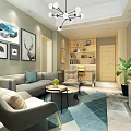 Hotel Guest Room Interior With Cozy Sofa Armchair Geometric Rug Modern Chandelier And Bookshelf