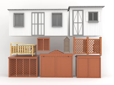 Outdoor Wooden Garden Structures With White Shed Brown Storage Cabinets Fence Panels And Balcony Railing 3d model