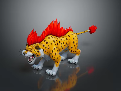 3D Rendered Cheetah With Red Flame Mane Red Tail Tip Yellow Spotted Body White Paws 3d model