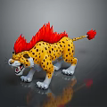 3D Rendered Cheetah With Red Flame Mane Red Tail Tip Yellow Spotted Body White Paws