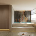 Modern Minimalist Bathroom Interior With Glass Shower Wooden Shelves And Marble Countertop