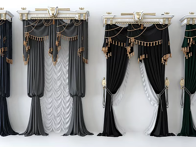 Elegant Black Gray Green Curtains With Golden Tassels And Ornate Decorations 3d model