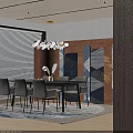 Modern Black Dining Table Set With Six Gray Chairs And Decorative Centerpiece
