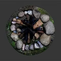 Circular Garden Decor With Stacked Wood Logs Surrounding Stones And Green Grass