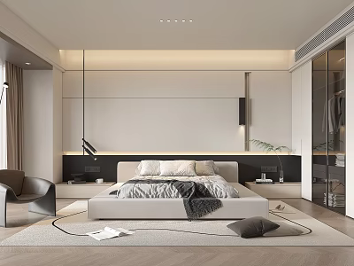 Modern Bedroom Interior Design With Large Bed Accent Chair Recessed Lighting And Neutral Rug 3d model