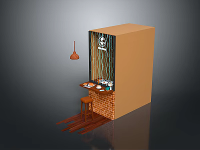 Brown Cube Interior Featuring Small Bar Counter Tableware High Stool Brick Wall And Pendant Light 3d model