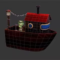 Cartoon Wooden Watercraft With Red Roof Blue Window And Figure On Board