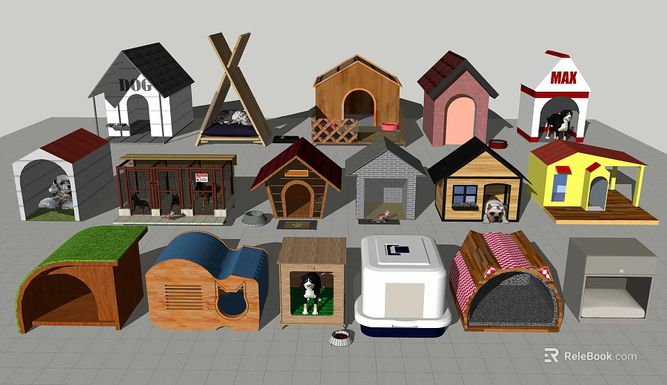 Diverse Garden Pet Houses Featuring Various Materials And Decorative Roofs 3d model 