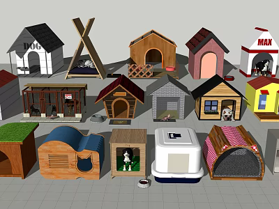 Diverse Garden Pet Houses Featuring Various Materials And Decorative Roofs 3d model