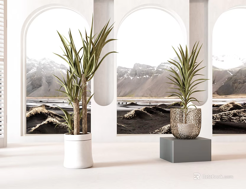 Bonsai Plants in Stylish Pots with Arch Windows and Snowy Mountain Scenery 3d model 
