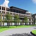 Mixed Style Building Complex With Traditional Modern Architecture Green Landscaping And Trees