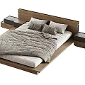 Modern Double Bed With Wooden Frame Minimalist Headboard And Gray Bedding