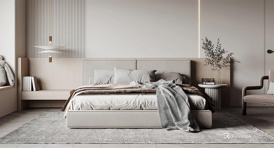 Modern Beige Bedroom Interior With Upholstered Headboard Pillows Blanket Nightstand Plant And Wall Decor Rug 3d model 