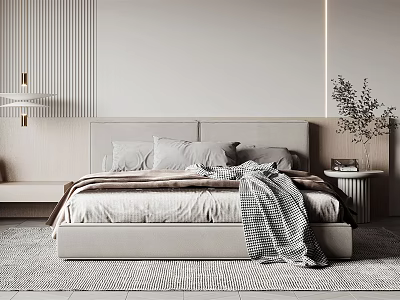 Modern Beige Bedroom Interior With Upholstered Headboard Pillows Blanket Nightstand Plant And Wall Decor Rug 3d model