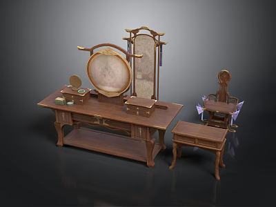 Traditional Chinese Style Wooden Furniture Set With Table Mirror Stool And Chair 3d model