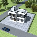 Modern Two Story Detached Villa With White Exterior Black Roof Green Lawn And Trees