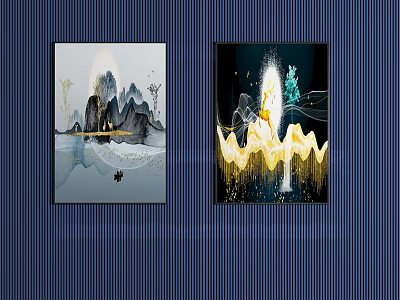 Two Decorative Paintings On Blue Vertical Striped Wall With Landscape And Modern Abstract Design 3d model