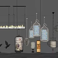 Modern Lighting Combinations with Cage Shaped Pendant Lights and Patterned Floor Lamps 3d model