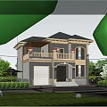 Elegant Two Story Detached Villa Exterior With Balcony Flower Pots And Lush Greenery