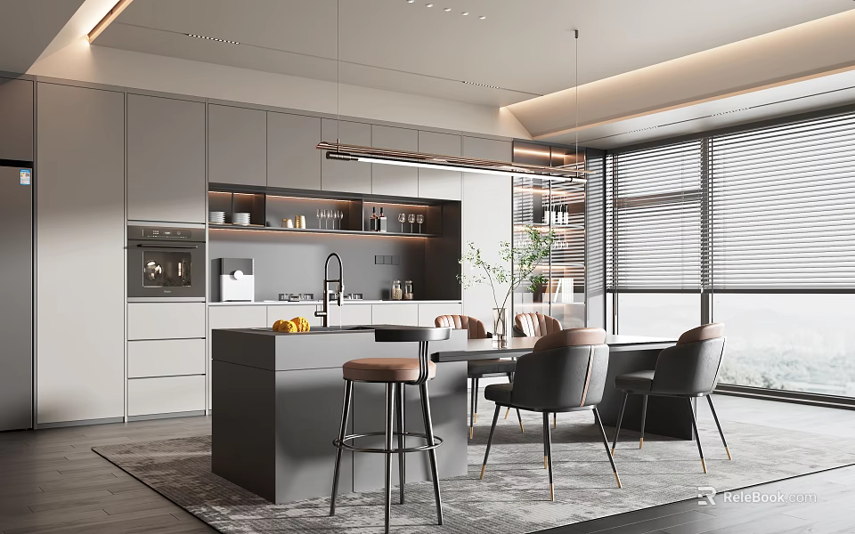 Modern Open Concept Dining Room Interior With Dining Table Chairs And Pendant Lights 3d model 