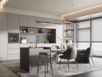 Modern Open Concept Dining Room Interior With Dining Table Chairs And Pendant Lights 3d model