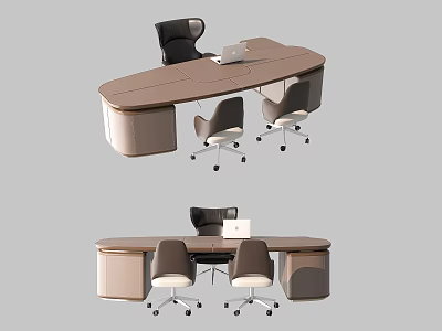 Modern Office Desk With Curved Design Ergonomic Chairs Laptop And Workspace 3d model