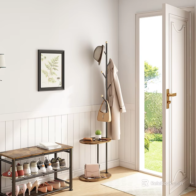 Modern Metal Coat Rack with Coat and Bag Near White Wall Open Door Green Yard 3d model 