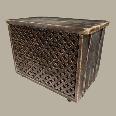 Dark Wooden Decorative Cabinet Featuring Intricate Geometric Cutout Patterns And Artisanal Design 3d model