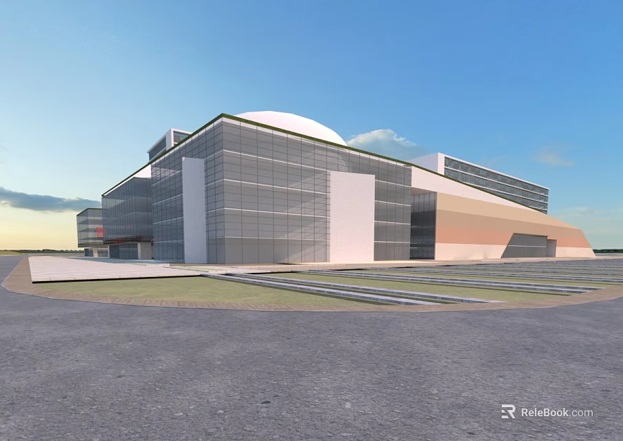 Modern Architectural Building With Glass Curtain Walls Dome And Spacious Open Plaza Area 3d model 