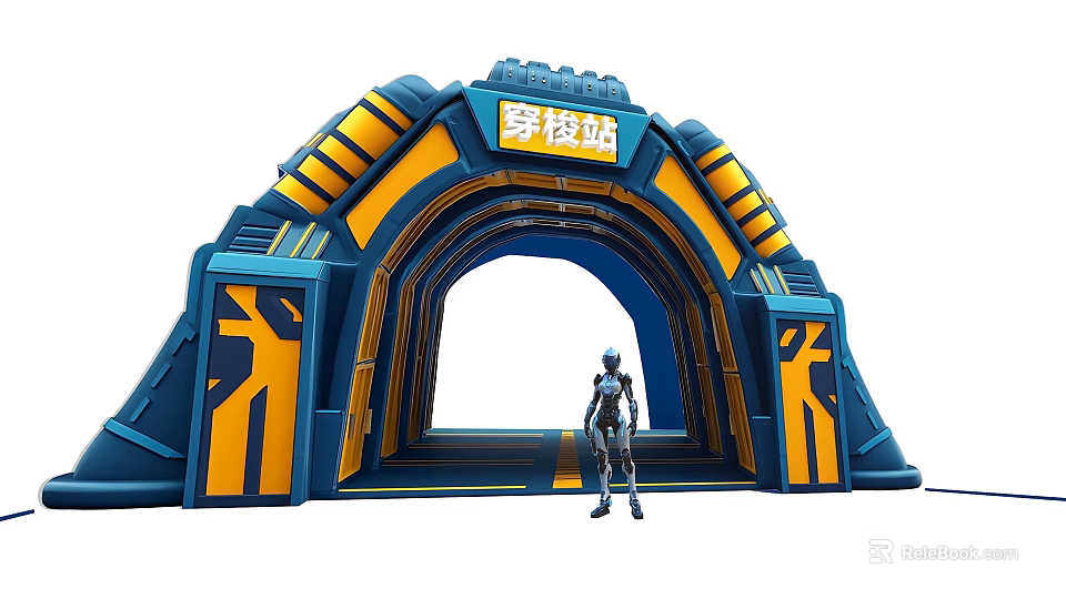 Futuristic Arched Inspection Station Event Entrance With Blue Yellow Tech Design And Standing Figure 3d model 