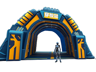 Futuristic Arched Inspection Station Event Entrance With Blue Yellow Tech Design And Standing Figure 3d model