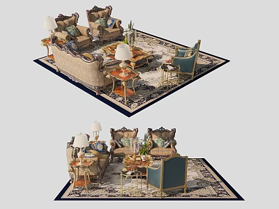 Stylish Sofa And Coffee Table Set With Area Rug Table Lamp Cushions And Decorations 3d model