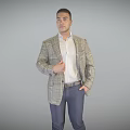 Man in Plaid Blazer White Shirt and Blue Pants Standing Pose