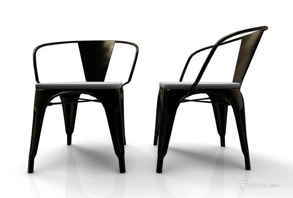 Two Modern Leisure Chairs with Black Metal Frame and Curved Armrests 3d model 
