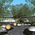 Tranquil Residential Landscape With Bamboo Grove Red Maple Tree Stone Path And White Wall
