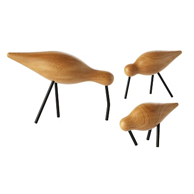 Wooden Bird Shaped Decorative Ornament Set With Black Thin Legs Modern Minimalist 3d model