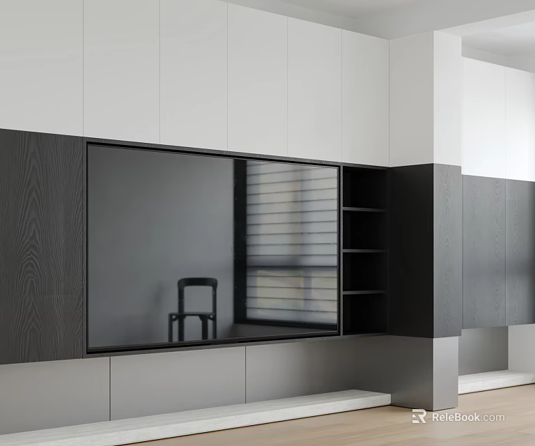 Modern TV Wall Design With Wooden Panels Open Shelves And White Cabinets 3d model 
