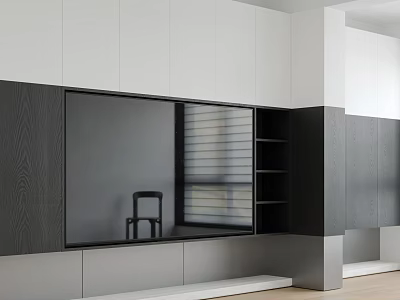 Modern TV Wall Design With Wooden Panels Open Shelves And White Cabinets 3d model