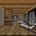 Luxury SPA Sauna Interior With Wooden Ceiling Carved Screen Loungers And Swimming Pool 3d model