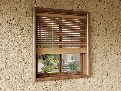 Wooden Blinds Window on Textured Wall with Outdoor Garden View and Green Plants 3d model