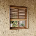 Wooden Blinds Window on Textured Wall with Outdoor Garden View and Green Plants